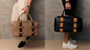 Two people holding different gym bags against a neutral background